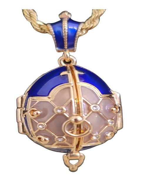 Russian Decorative Enamel Egg Pendant Necklace Dark Blue Opens to Saint Basil