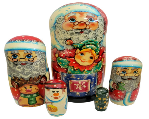 5pcs Hand Painted Russian Nesting Doll Santa Claus Style 7.25"