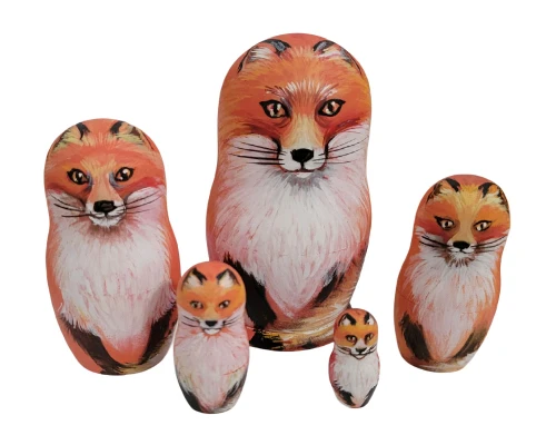 5pcs Hand Painted Russian Nesting Doll of Foxes 4.75" tall