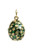 A silver egg pendant with green background and gold like leaves, dotting the item.
