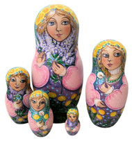 5pcs Hand Painted One of a Kind Russian Nesting Doll "Girls with Flowers" by Olga Molotova