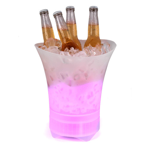 Illuminated ice bucket with four bottled drinks in ice, pink light effect
