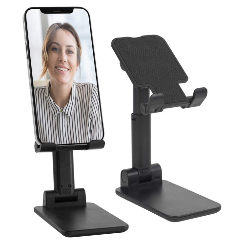 Adjustable black mobile phone desk stand, shown with and without a phone.