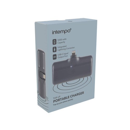 Grey portable phone charger with lightning connector, 5000mAh, shown in retail packaging