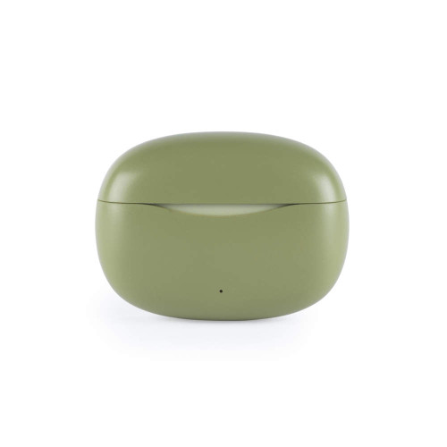 Green wireless earbud charging case, closed, front view