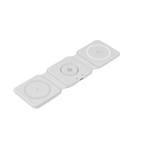 White triple wireless charging pad, foldable design, shown flat on white background