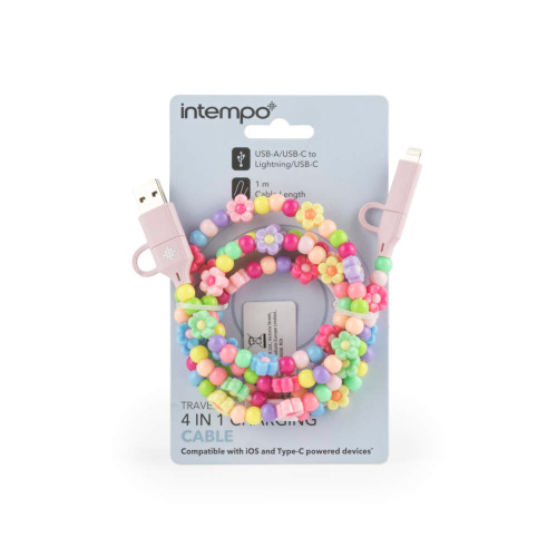 Pastel bead-decorated USB-A/USB-C to Lightning/USB-C charging cable, 1m length, on display card