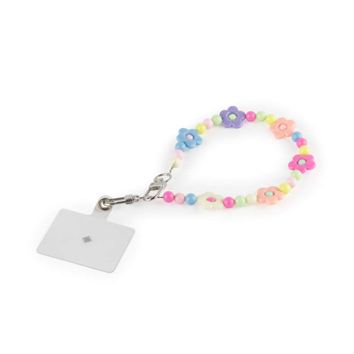 Pastel flower bead lanyard with a blank white ID card and metal clasp