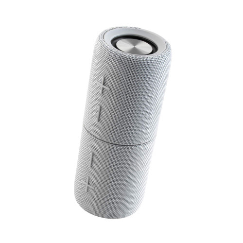 Grey portable Bluetooth speaker with fabric cover and large volume buttons