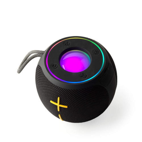 Black portable Bluetooth speaker with yellow volume buttons and LED light ring