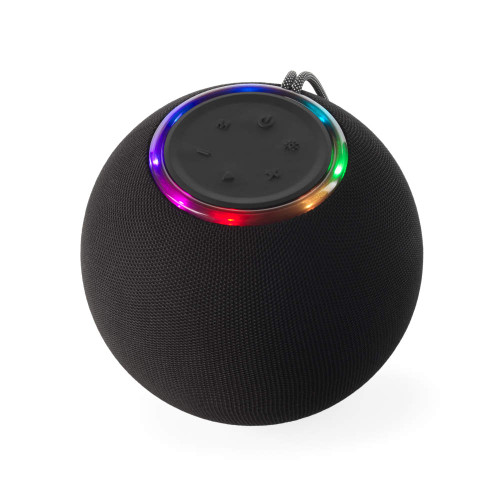 Black wireless speaker with circular touch controls and multicolour LED ring, shown angled.