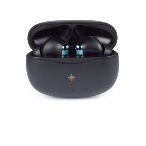 Black wireless earbuds with charging case, shown open front view