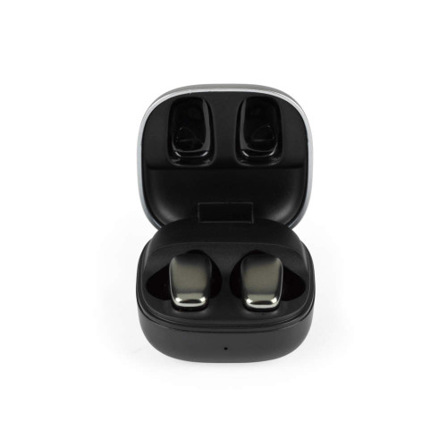 Black wireless earbuds in charging case, shown open, product listing