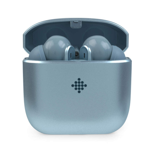 Blue wireless earbuds in open charging case, front view