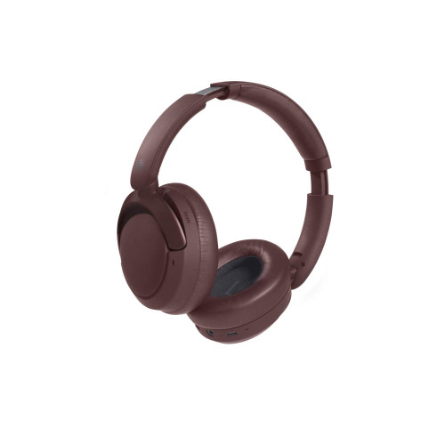 Wireless over-ear headphones in brown, shown at an angle to display ear cushions and controls