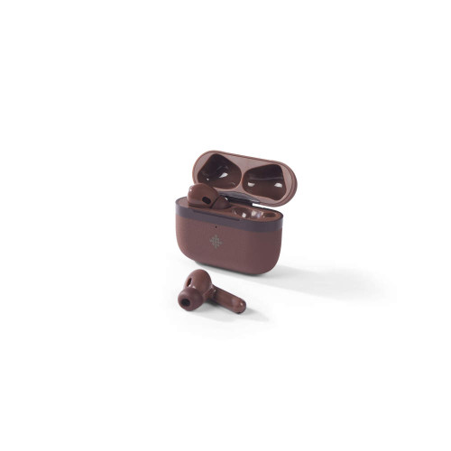 Brown wireless earbuds and charging case, shown open with one earbud outside.