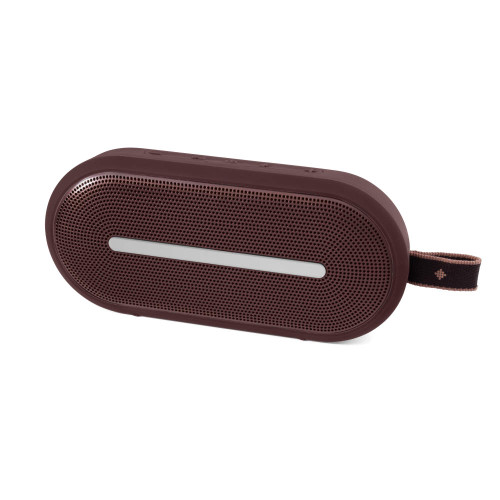 Portable wireless speaker in matte dark red with fabric carry strap