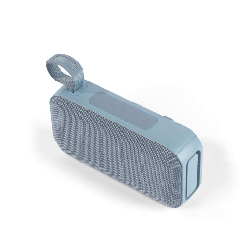 Blue portable Bluetooth speaker with fabric front and control buttons on top