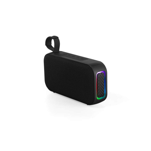 Black portable Bluetooth speaker with fabric finish and rainbow LED trim