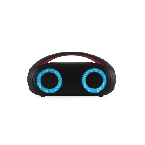 Black wireless Bluetooth boombox speaker with blue LED rings, shown front view.