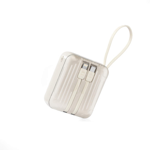 Cream portable power bank with built-in charging cables and carry strap