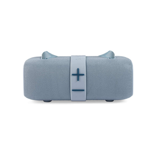 Blue portable Bluetooth speaker, front view with volume controls visible