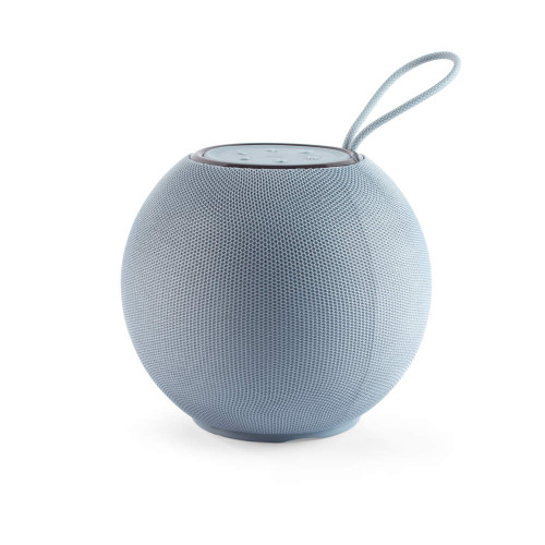 Blue portable wireless speaker with fabric mesh and carry loop