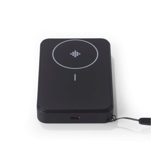 Black wireless charging pad with LED indicator, shown flat on white background