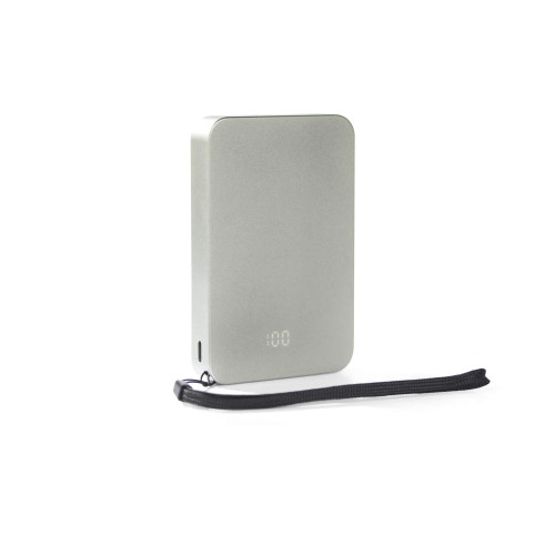 Silver portable power bank with digital display and black wrist strap