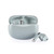 Grey wireless earbuds with charging case, one earbud outside the case, shown on white background