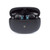 Black wireless earbuds with charging case, shown open front view