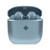 Blue wireless earbuds in open charging case, front view