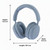 Blue over-ear wireless headphones with dimensions shown: 19.2 cm high, 18.5 cm long