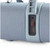 Close-up of light blue portable speaker showing USB, Type-C, microSD, and AUX ports