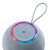 Light blue portable Bluetooth speaker with fabric strap and touch controls, ring lit multi-coloured