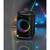 Black party speaker with colourful LED lights, shown at an angle