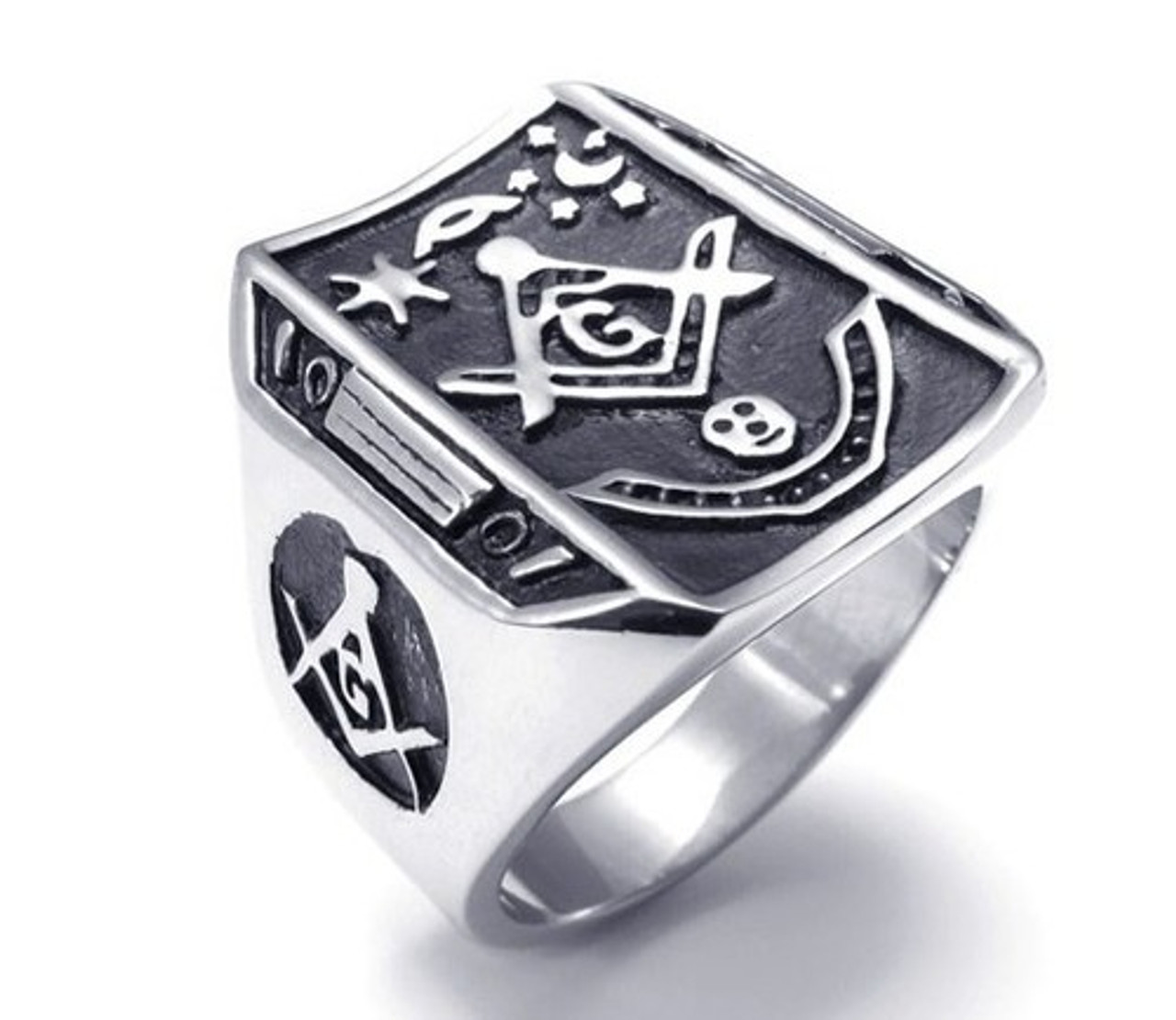 90008 STAINLESS STEEL MENS MASON SYMBOL BLACK STRIPED ENAMEL DESIGN SIGNET  RING - Gemelli Jewelers