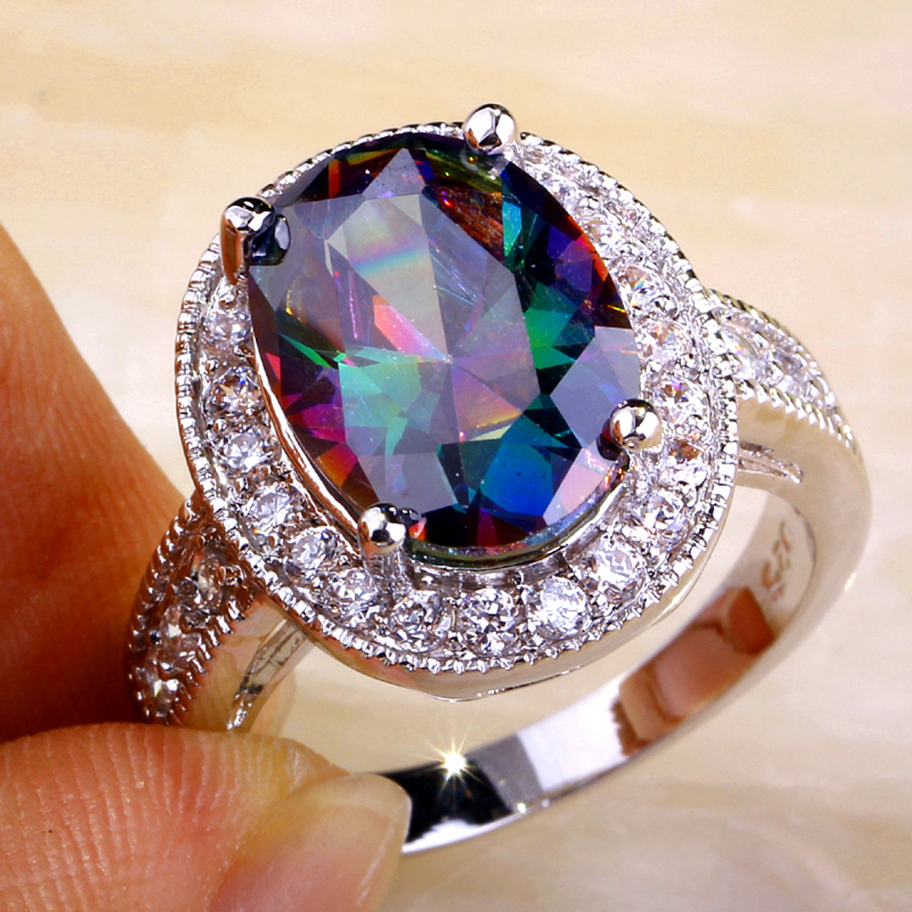 Classic Style Mysterious Halo Fashion Oval Cut Mystic Topaz Stone   Silver Ring