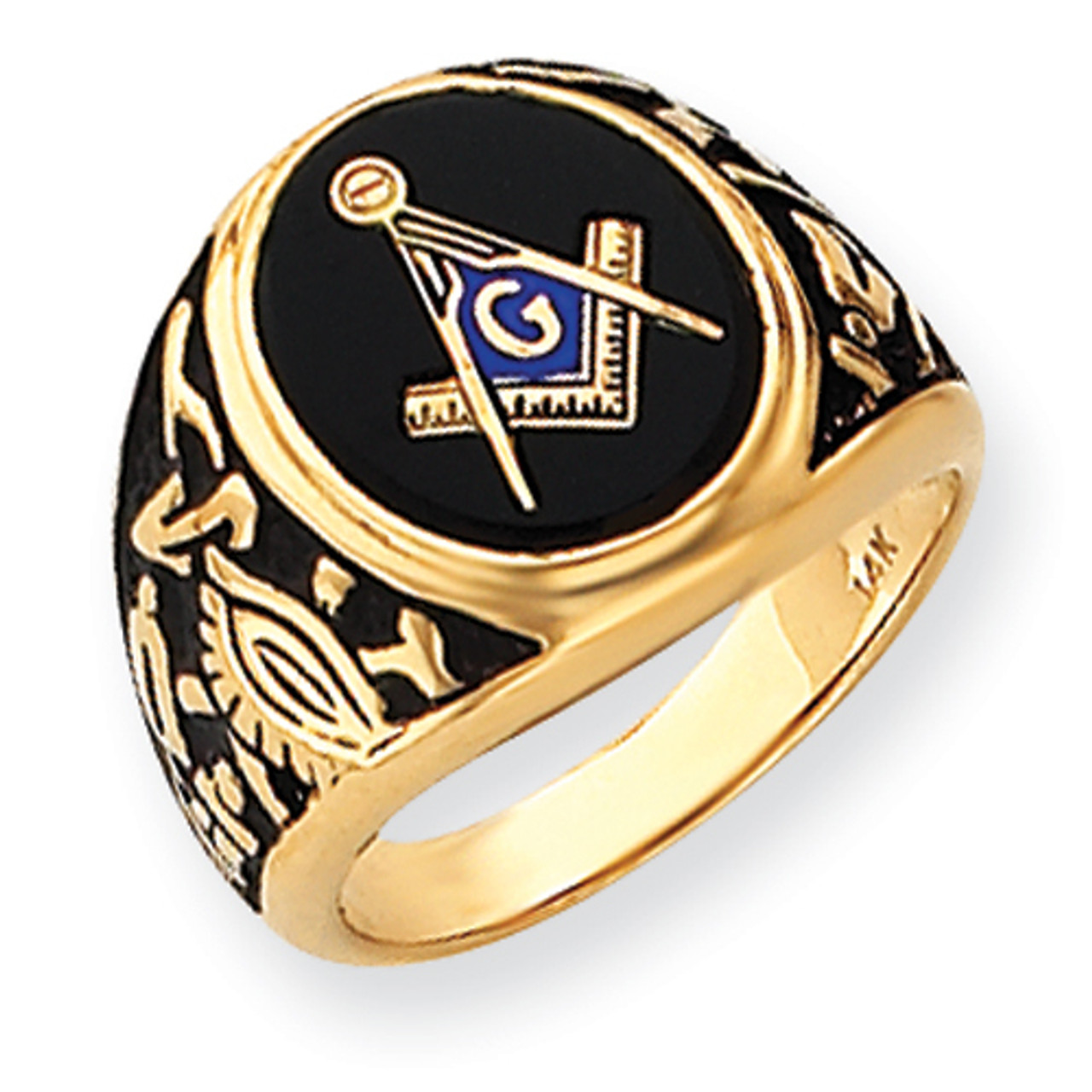 14k Yellow Gold Masonic Ring With Black Onyx Oval Cabochon Cut Stone Port City Jewelers