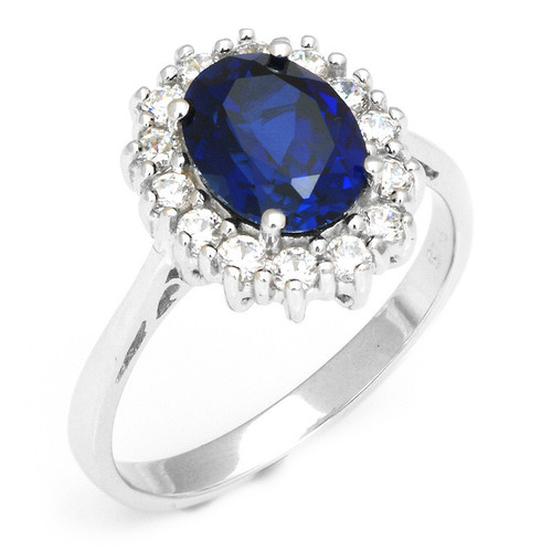 .925 Sterling Silver Created White & Blue Oval Sapphire Ring Princess Diana Inspired