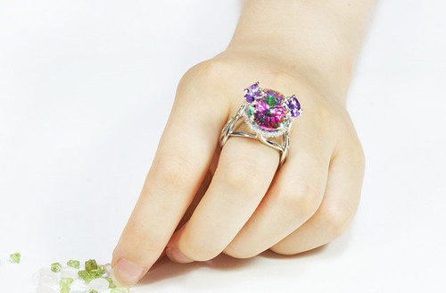 925 Sterling Silver Mystic Topaz Oval & Amethyst Statement Ring