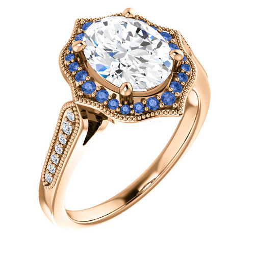 The Ella Ring Series - 2.26CT = 9X7mm Forever One Moissanite Oval Cut & Blue Sapphire Halo Engagement Ring 