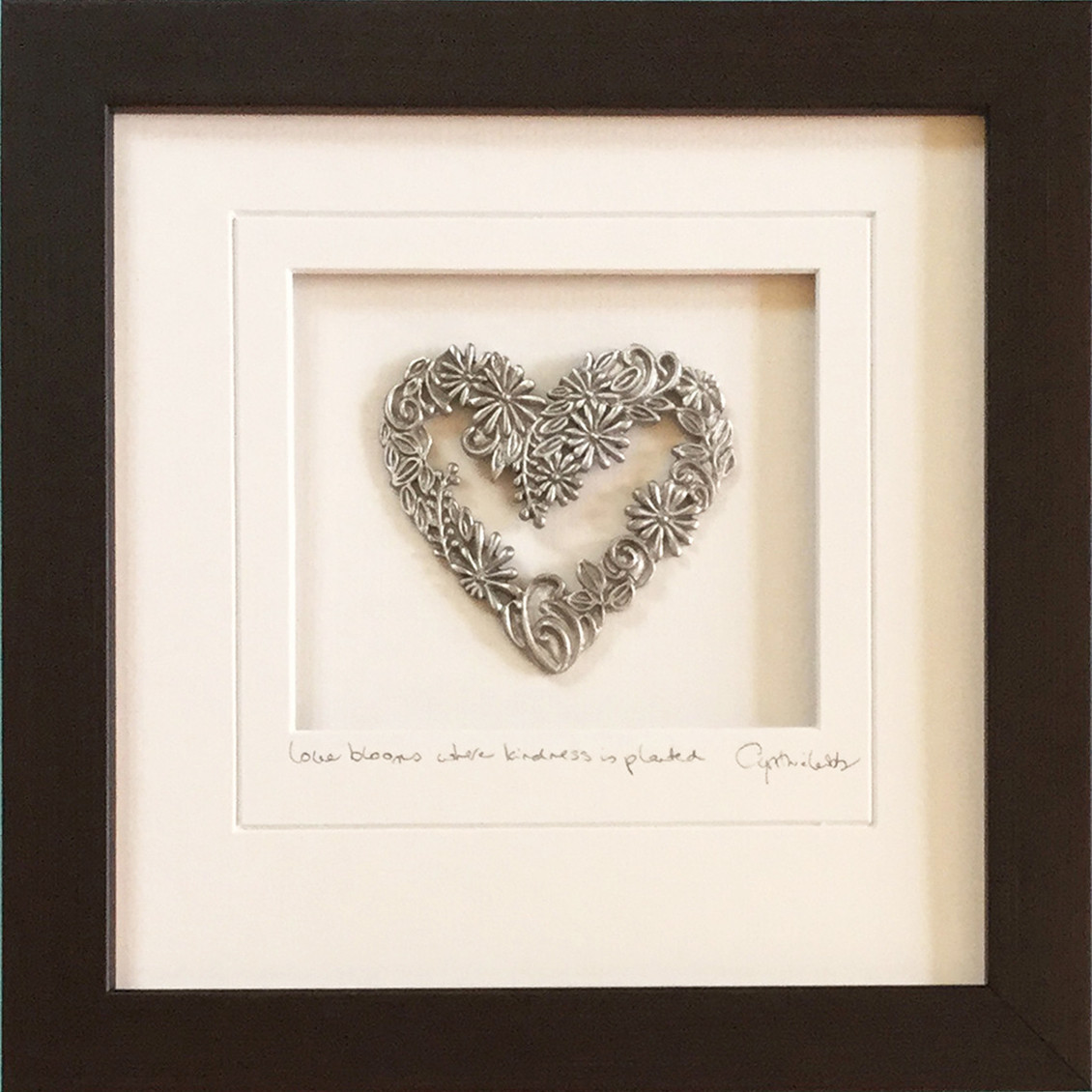 Flower Heart Framed 9x9 inch Pewter | Cynthia Webb Designs
