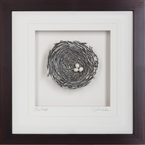 Our Nest, Bird's Nest with Glass 'Pearl'  Eggs, wood frame 10x10 inch, New Home, New Baby, Cynthia Webb Designs, Signed and Titled Mat, Handcrafted in the USA