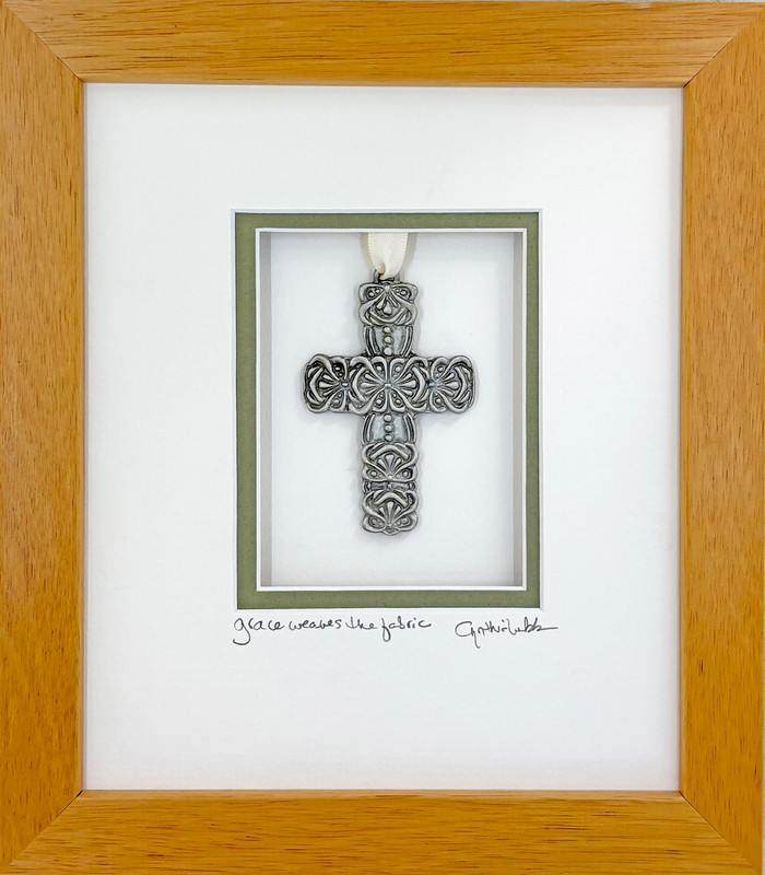 Tapestry Cross,  Wood frame,  9x9 inch, Religious, Spiritual, Confirmation Gift, Cross Motif, Cynthia Webb Designs, Signed and Titled Mat, Handcrafted in the USA