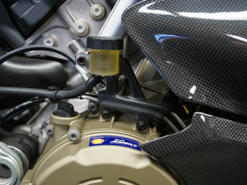 Rear Brake Fluid Bracket in Matte Plain Weave Carbon Fiber for Ducati Panigale V4 installed 2018-2021