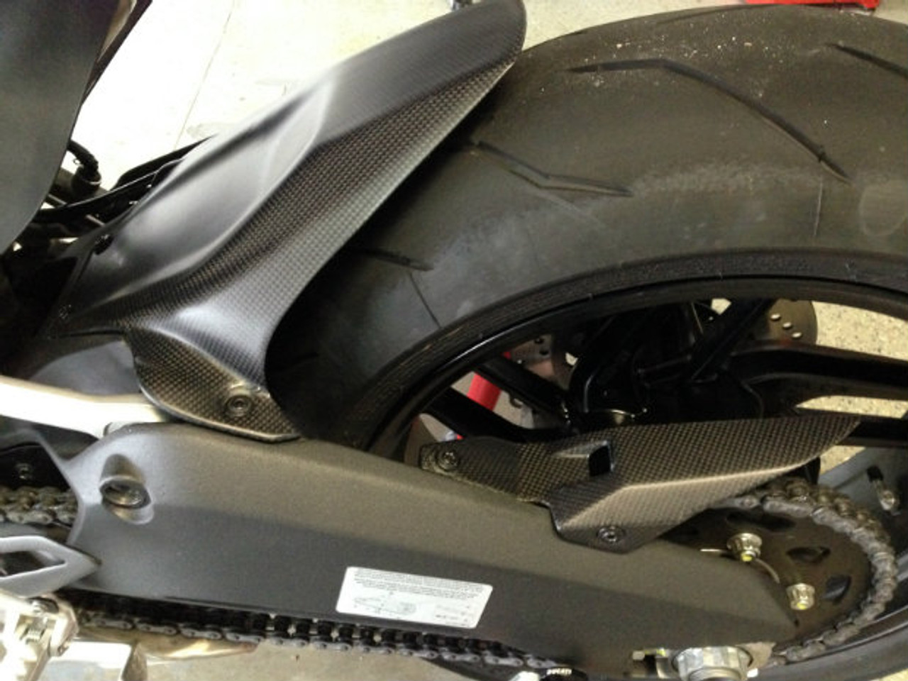 Installed Matte Plain Weave Chain Guard and Hugger on Ducati Panigale 899, 959