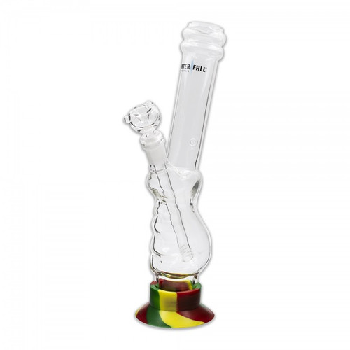 501507189-0003 - GLASS BONG - COLOUR BASE GLASS STEM 33MM x 44MM 4MM THICK WATERFALL - RASTA