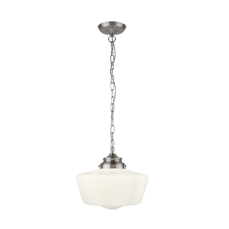 Create a lovely finishing touch in your home with the School House 1 light pendant. Its classic design, white opal glass and satin silver chain make it an elegant choice for any room.