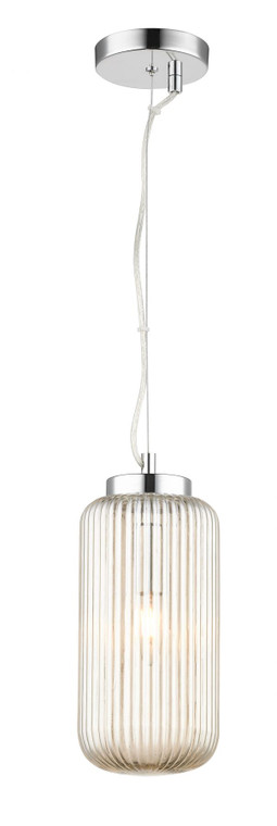 Mason 1 Light Amber Ribbed Glass Pendant illuminating a room.